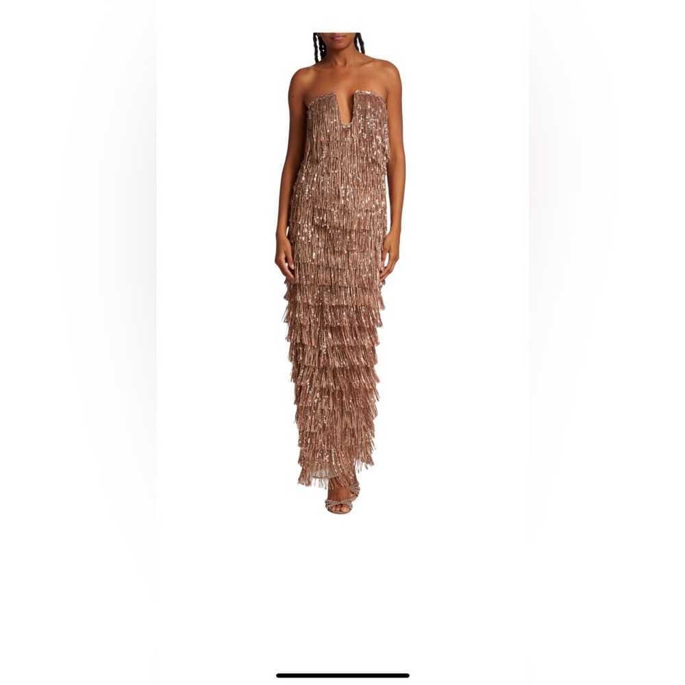 Bronx and Banco Rose Gold Sequin Fringe Strapless Gown